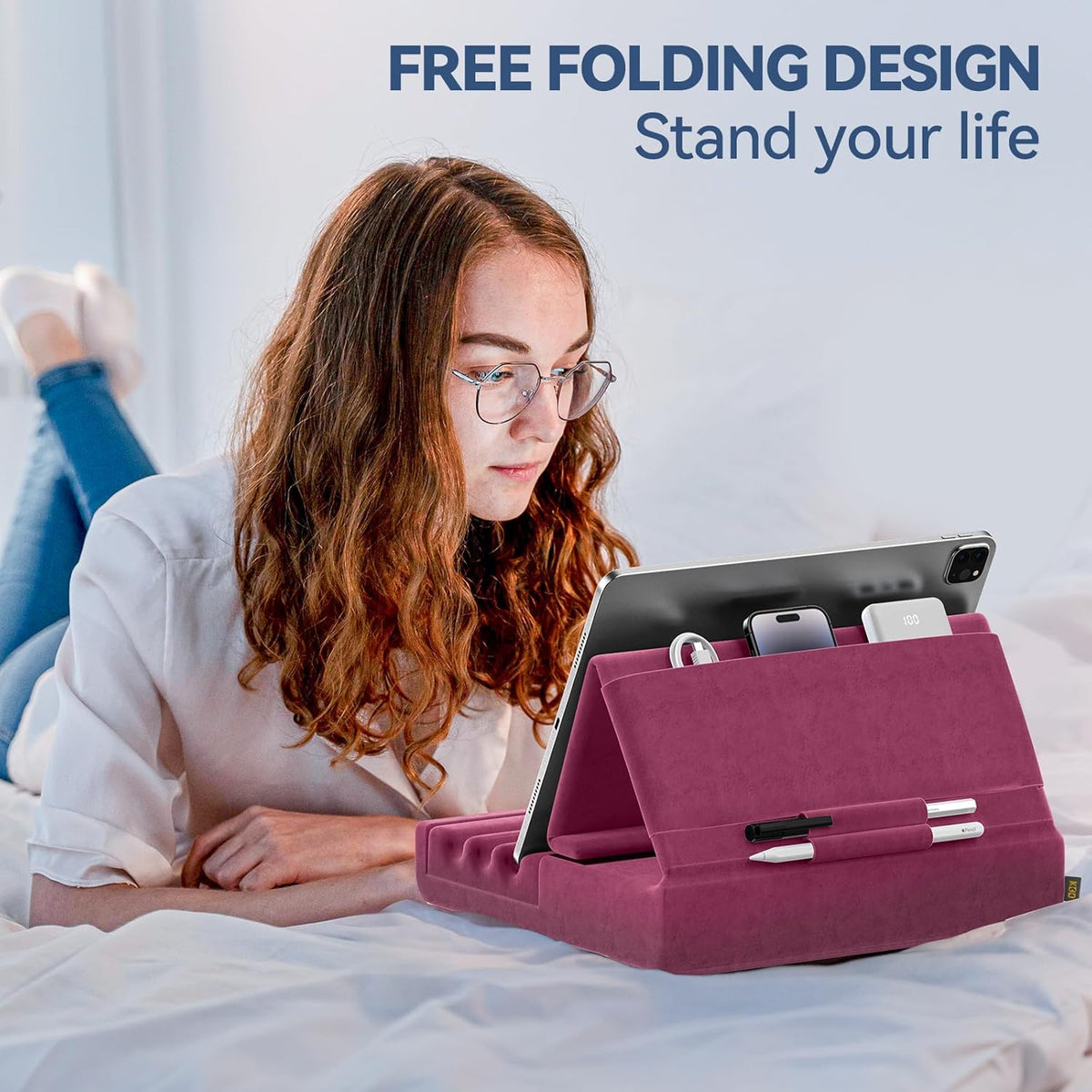KDD Tablet Pillow Holder, Foldable iPad Stand for Lap, Bed and Desk -Tablet Soft Pad Dock with Pocket & Stylus Mount Compatible with iPad Pro 12.9, 10.5, 9.7 Air Mini 6 5 4 3, Galaxy Tab, E-Reader