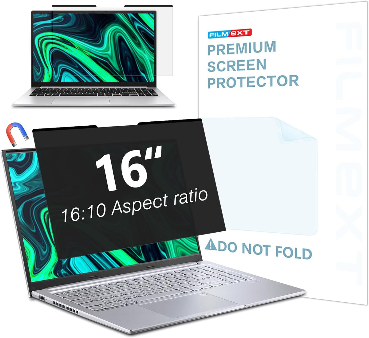 FILMEXT Magnetic Laptop privacy screen 16 inch for 16:10 Widedisplay, Removable Laptop Privacy Screen Shield Anti Glare Blue Light Filter for HP/Dell/Acer/Lenovo/Asus