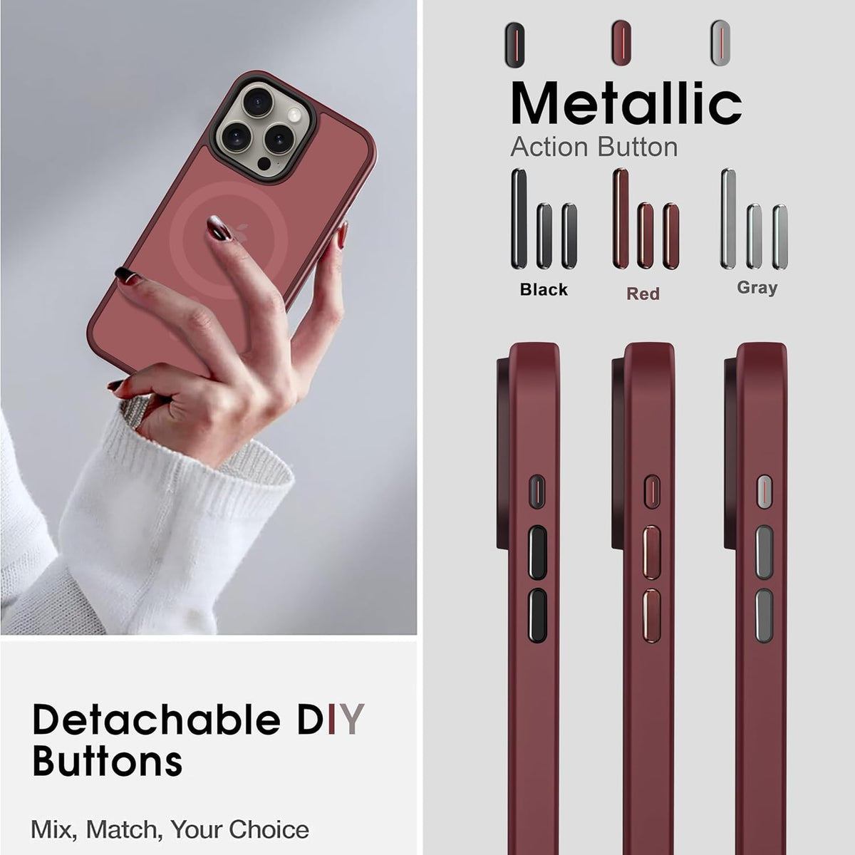 iPhone 15 Pro Max Case - Strong Magnetic Maroon, Military Grade Drop Tested, Compatible with MagSafe, Slim Frosted 6.7"