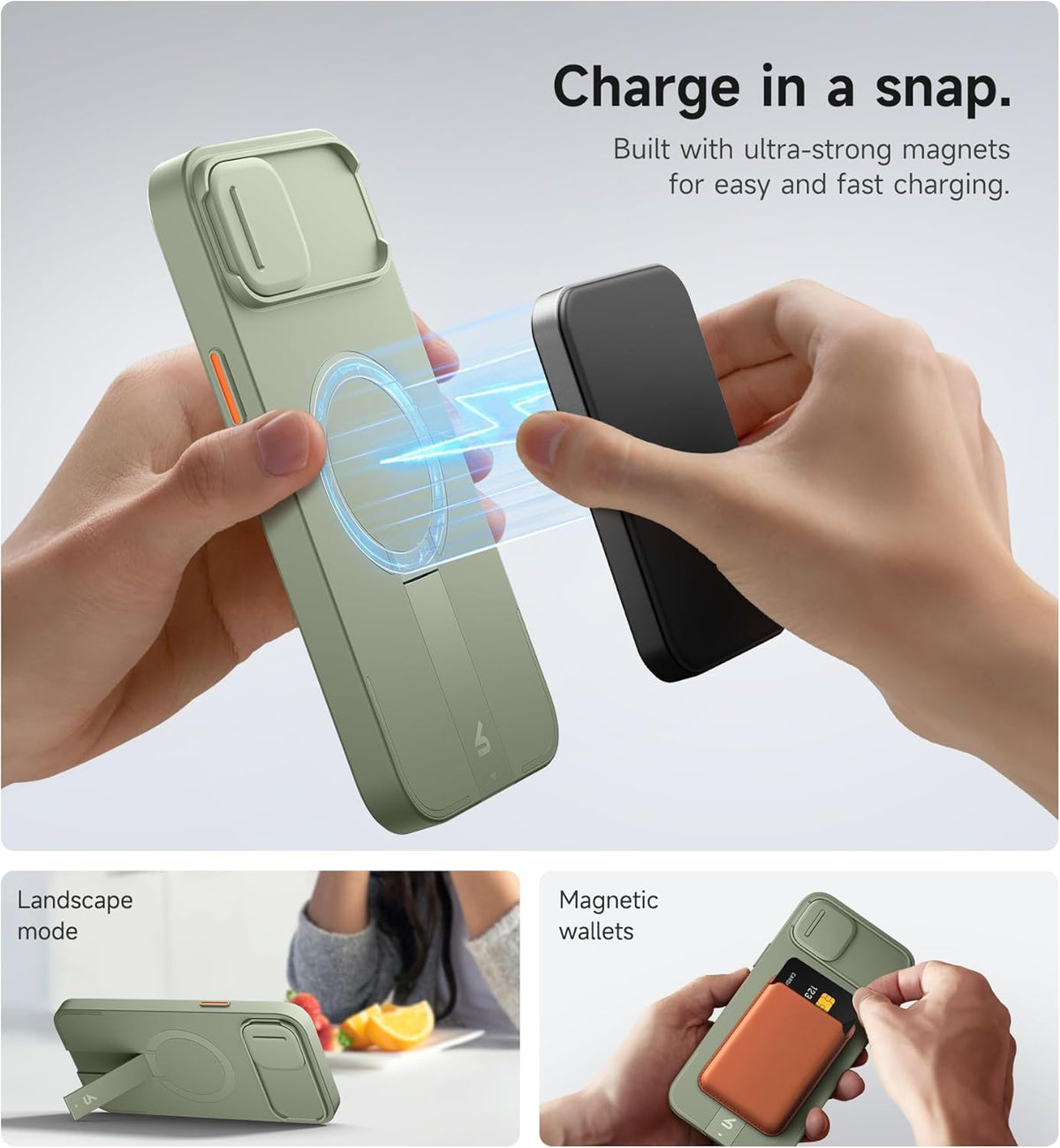 SURITCH for iPhone 14 Plus/15 Plus Case with Magnetic Camera Slide Cover and Adjustable Kickstand, Compatible with MagSafe, Shockproof Bumper Case Slim Protective Cover 6.7 Inch, Green