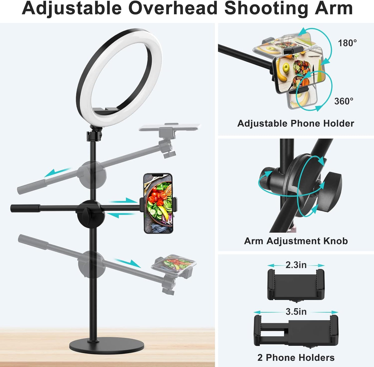 Overhead Phone Camera Mount with Ring Light - Content Creator Kit with 10.5" RGB Ringlight, Desk Stand & Tripod