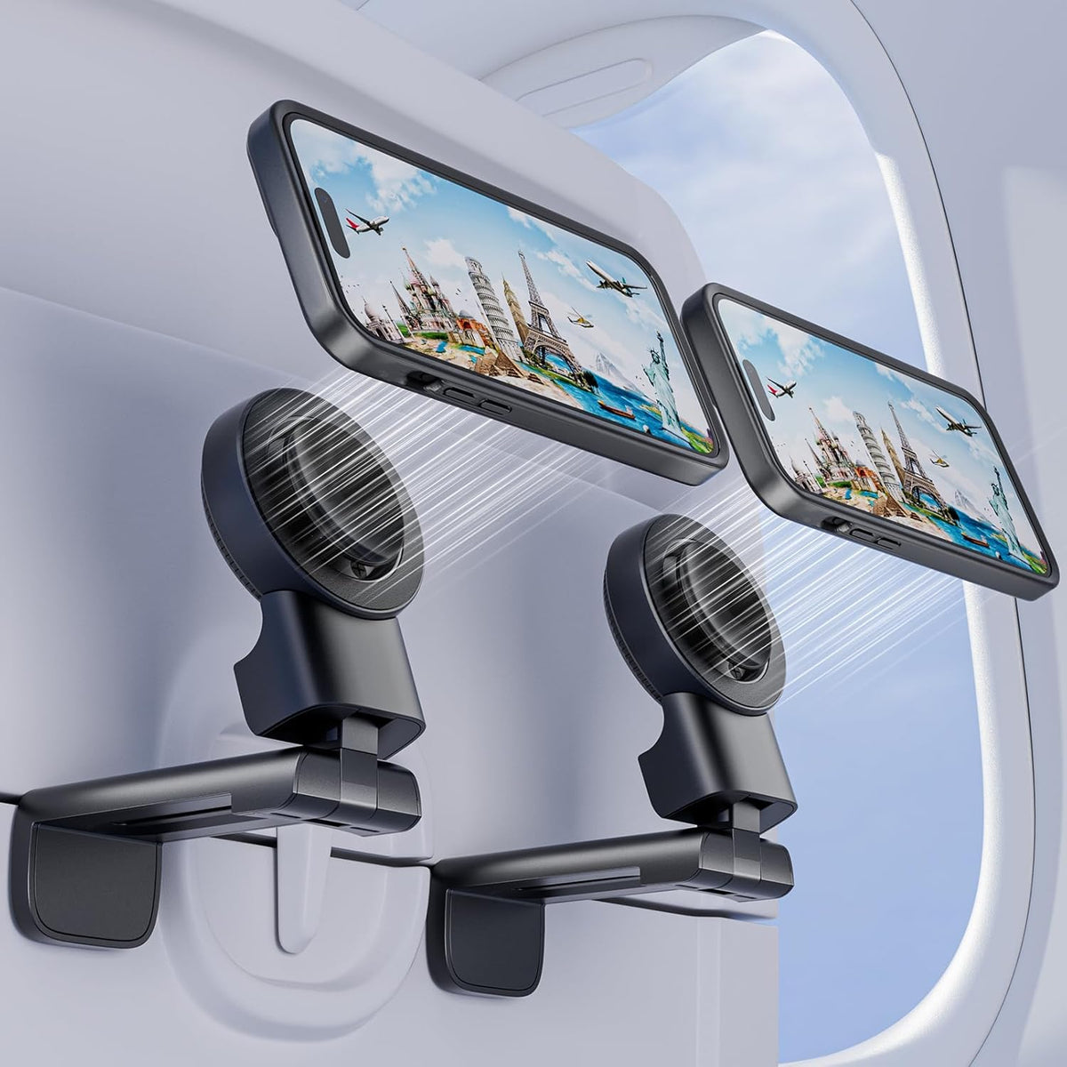 MiiKARE Travel Essentials Magnetic Airplane Phone Holder, Universal Handsfree Phone Mount for Flying with 360 Degree Rotation, Travel Must Haves Phone Stand for Desk, Tray Table, Black&Black