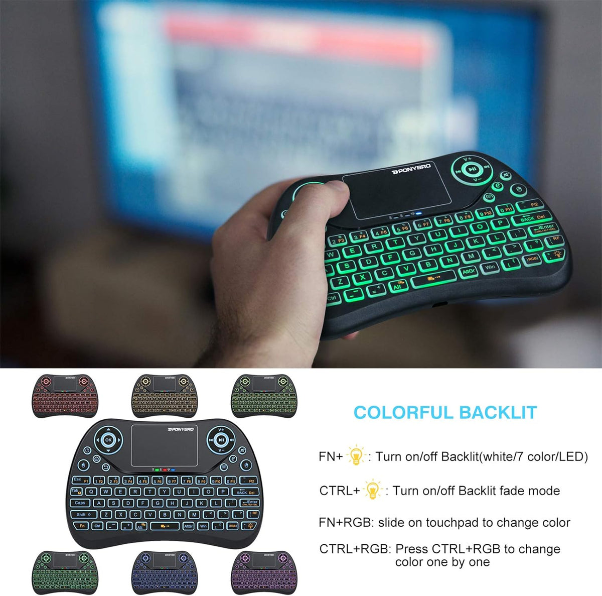 Mini Wireless Keyboard with Touchpad Mouse, 2.4GHz Portable Handheld Keyboard, RGB Backlit, Rechargeable Battery