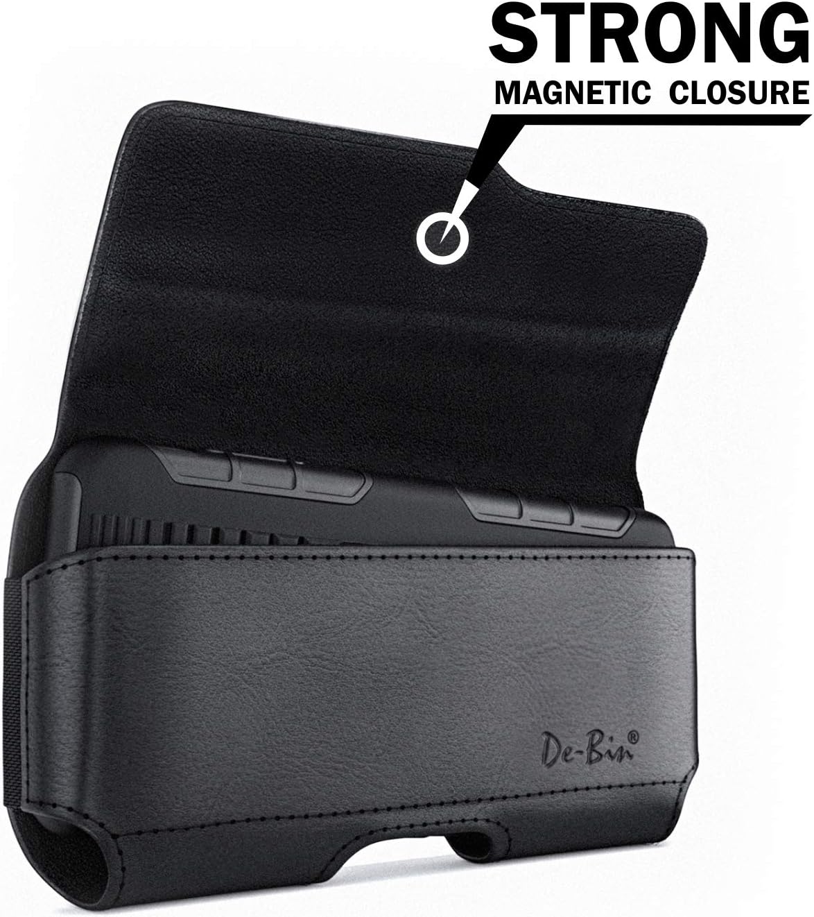 De-Bin Holster for Galaxy S24, iPhone 15/14/13/12/11/X/Xs/10 - Black Belt Clip Pouch with Magnetic Cover, Fits Otterbox.