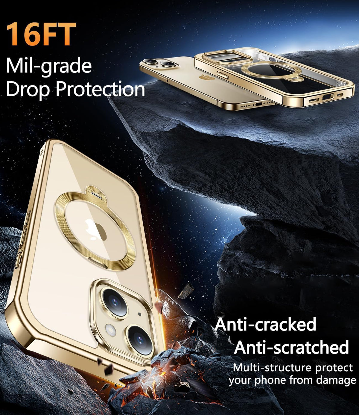 [360° Rotatable CD Stand & Built-in Privacy Screen Magnetic Case for iPhone 14 [Compatible with MagSafe & Full Signal] Mil-Grade Shockproof Full Body Anti-Spy Cover for 14-Gold