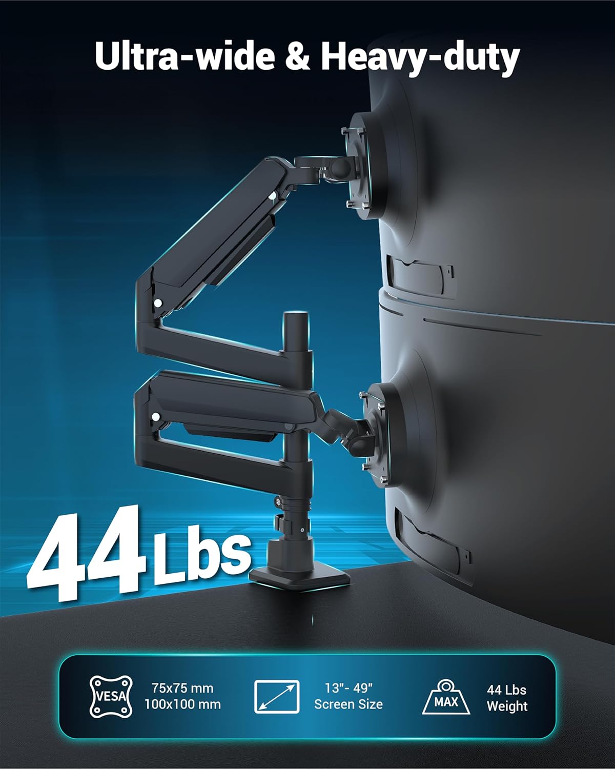 Dual Monitor Arm for 13-49 Inch Ultrawide Screens, Heavy Duty Monitor Mount for 2 Monitors up to 44lbs, Full Motion Vertical Stacked Dual Monitor Arm Desk Mount, 75/100mm VESA Mount, Black