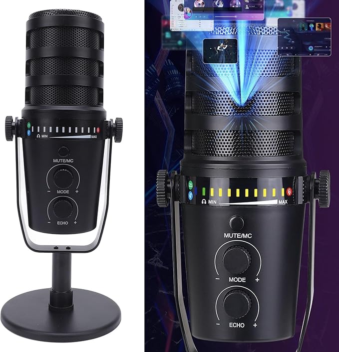 Akozon Professional Dynamic Microphone USB XLR Cardioid Mic Stand for Live Recording Karaoke Gaming