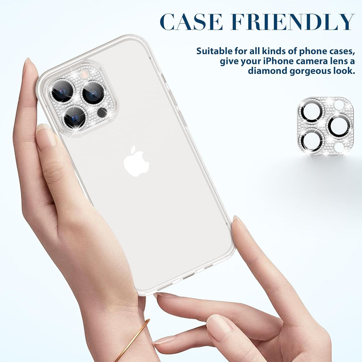 Goton Camera Lens Protector for iPhone 15 Pro Max & 15 Pro - Bling Glitter Diamond Metal, Tempered Glass, Silver.