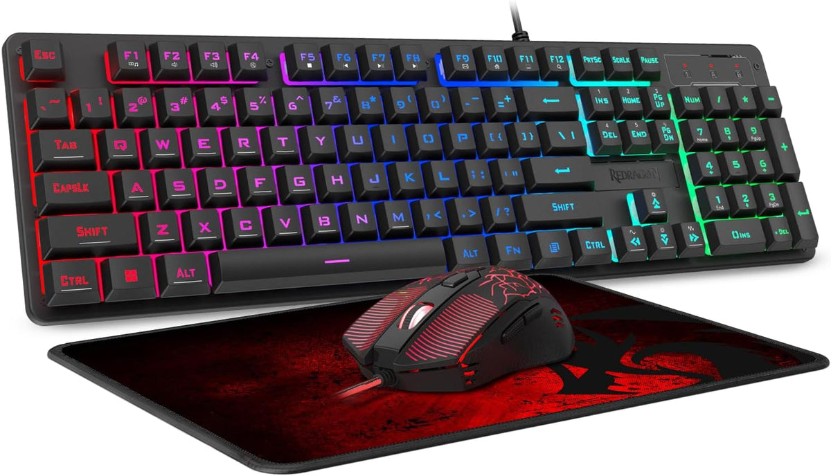Redragon S107 Gaming Keyboard and Mouse, RGB Gaming Keyboard and 3200 DPI Mouse Combo with Large Mouse Pad, 25-Key Anti-Ghosting, Mechanical Feeling Keyboard, Plug & Play to PC, Laptop