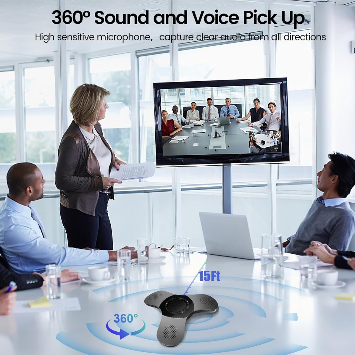 Conference Speaker with Microphone 360°Voice Pickup USB-C Speakerphone Home Office Compatible Skype/Teams/Zoom Noise Cancelling Omnidirectional Meeting Room Bluetooth Speaker with Mic for 10 People