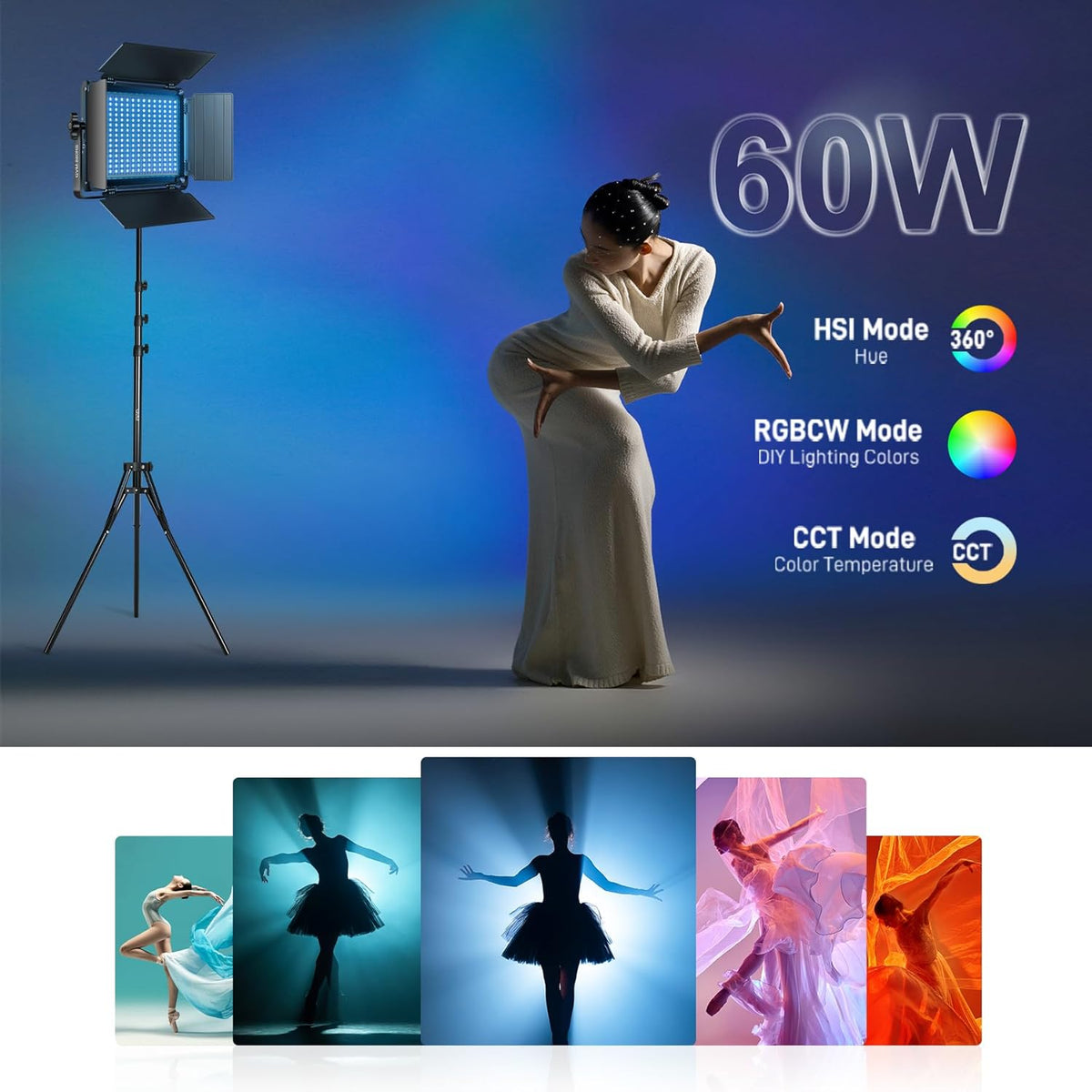 GVM Upgraded 60W RGB LED Video Light with Stand Kit, 880 Photography Lighting with Bluetooth Control, Studio Light with 18 Lighting Scenes, led Panel Lights for Video Recording, 8700lux/0.5m