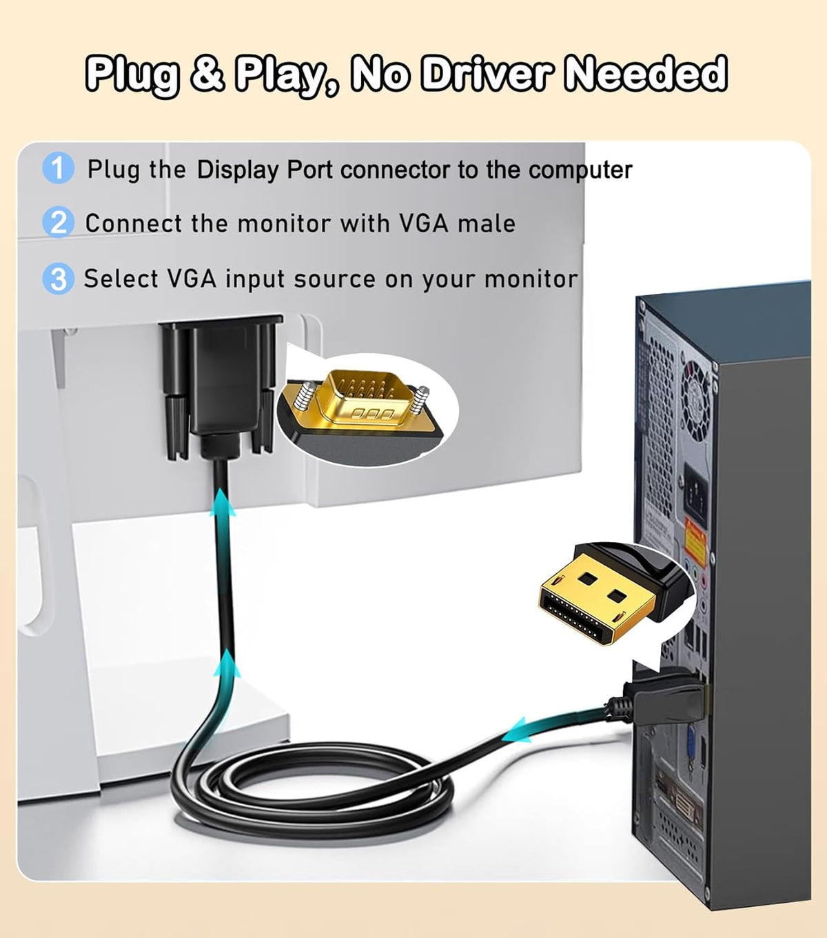 DisplayPort to VGA Cable 6FT, Display Port DP to VGA Adapter, 1080P@60Hz Video Cord from Laptop/Computer (DP) to Monitor/Projector (VGA), (Not Bidirectional, Not for HDMI or USB)