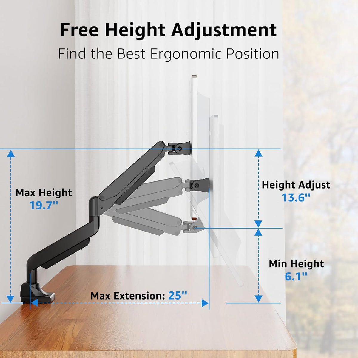 MOUNTUP Single Monitor Mount fits 22''-43'' Ultrawide Screen, Holds 6.6-33lbs, Computer Monitor Arm Desk Mount, Heavy Duty Gas Spring Monitor Stand for Flat/Curved Screen, with C-clamp/Grommet Base