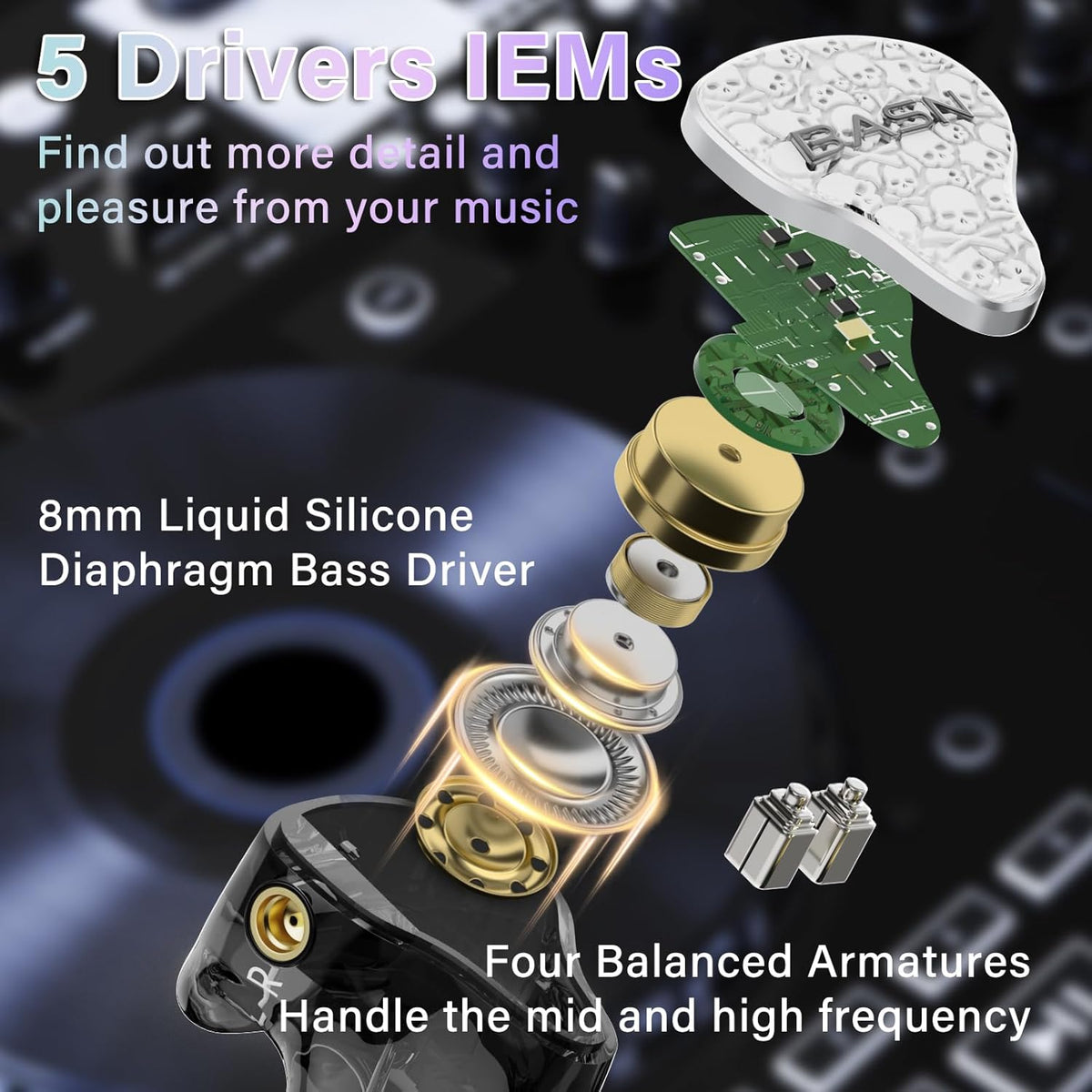 BASN Bmaster5 in Ear Monitors, 5 Drivers Drummer Headphones with Powerful Bass, Noise Isolation IEM Earbuds with Detachable MMCX Sliver-Plated OFC Cable for Musicians (Glacier White, MMCX)