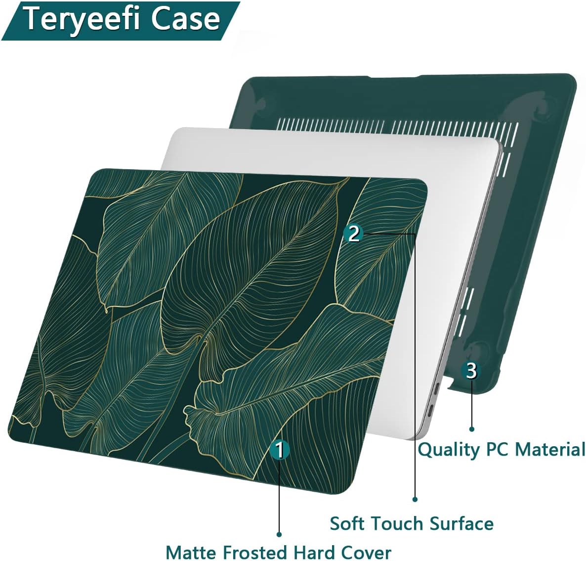 Teryeefi for MacBook Pro 13 inch Case M2 M1 2022 2020 2019-2016 Model A2338 A2289 A2251 A2159 A1989 A1706 with Touch Bar, Hard Shell Case & Keyboard Cover & Screen Protector, Green Leaf