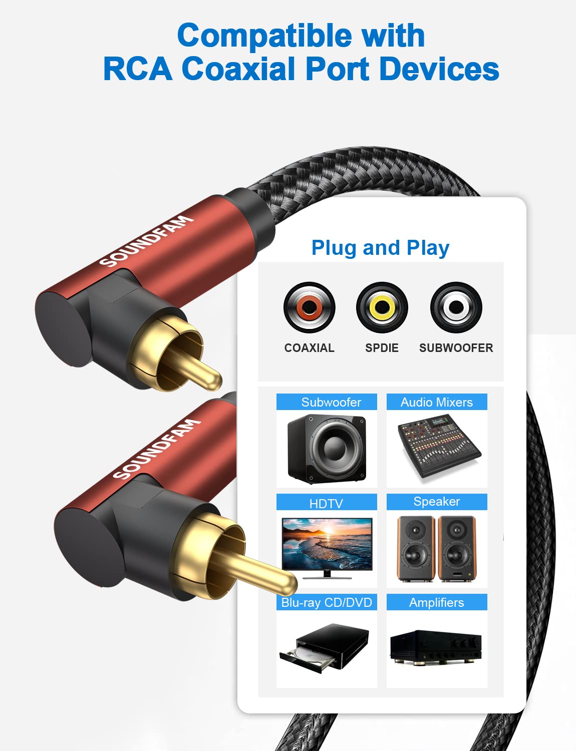 Dual 90 Degree RCA Cable - 30Feet/10M Right Angle Subwoofer Cable, 24K Gold Plated Dual Shielded