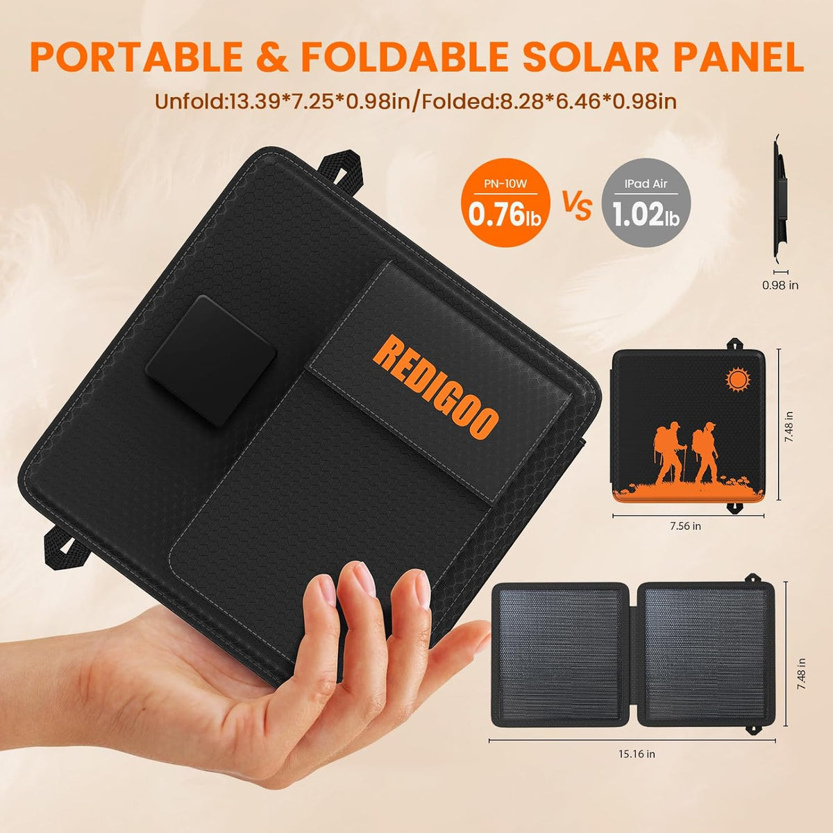REDIGOO Portable 10W Solar Panel Charger, Mini Solar Panel with USB-C Outputs Compatible with Cell Phone Tablet, 2025 Latest Version Solar Charger for Cell Phone,Camping, Hiking, Backpacking