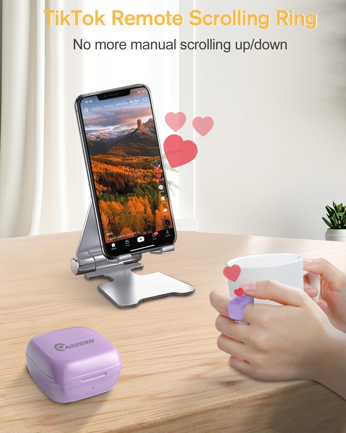 ADZERD Remote Control for TikTok, Page Turner for iPhone/iPad, Bluetooth Camera Video Recording Remote, Scrolling Ring for TIK Tok, Compatible with iOS/Android Phones & Tablets - Purple