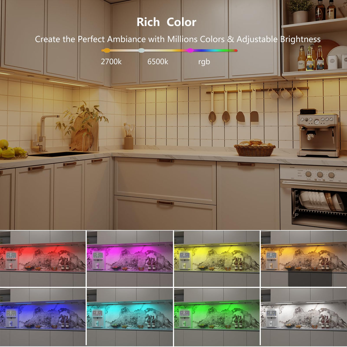 Smart Under Cabinet Lighting Plug In, RGB Multi Colored & White Work with Alexa, Google Assistant, APP, 12Inch Linkable LED Strip Lights Dimmable