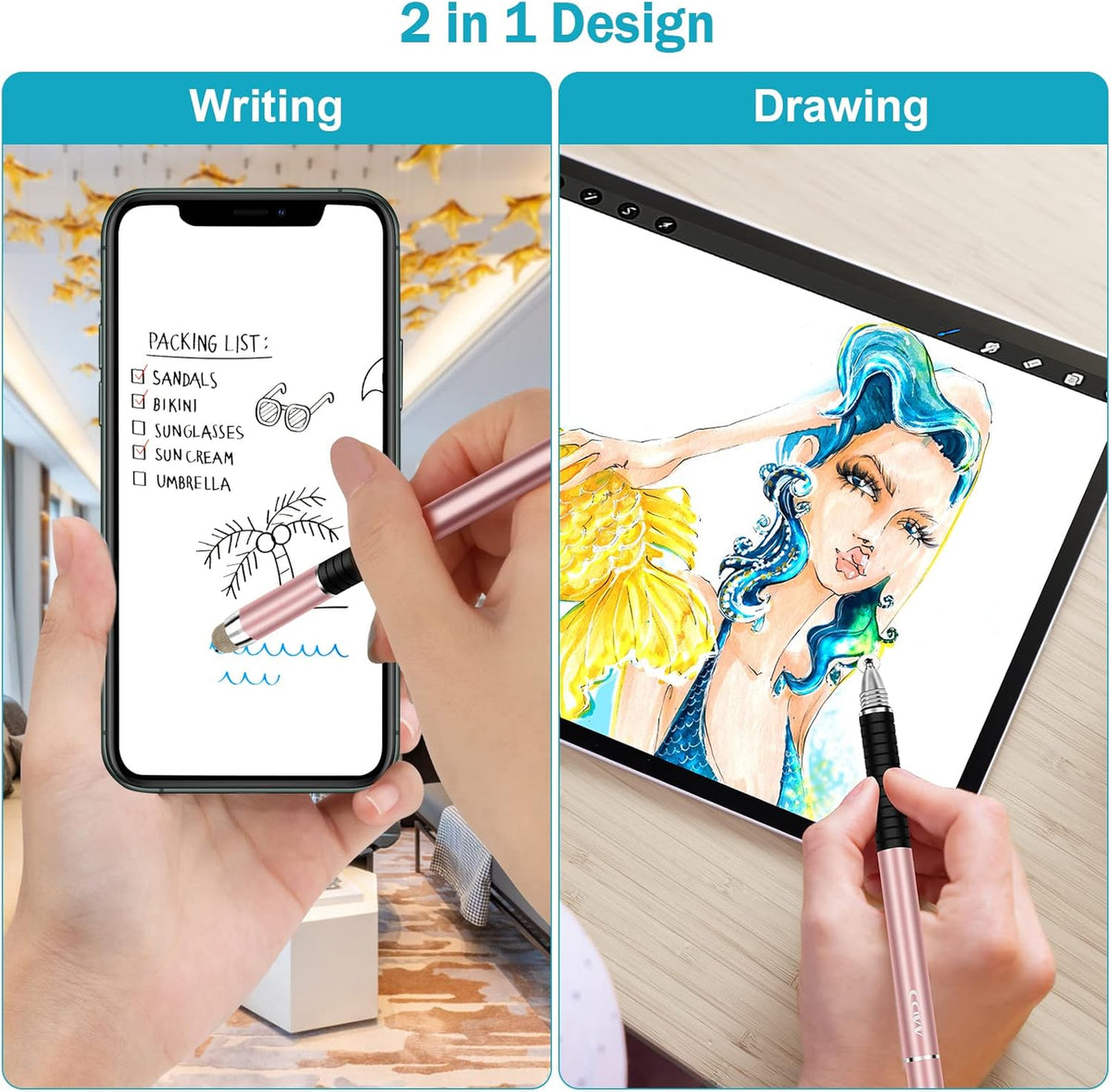 Stylus Pen, 2 in 1 Fine Point and Mesh Tip Stylus for Touch Screen, Compatible for Tablet and Cellphone (1Pc, Black)