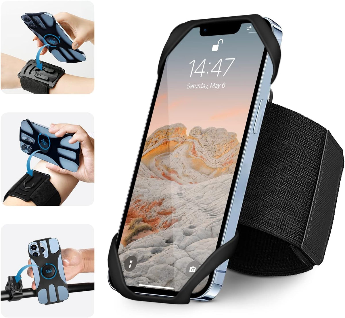 3in1 Running Sports Armband+Wristband+Bicycle Phone Holder,360° Rotation & Detachable Compatible with 4.5-7" Cellphone for iPhone 16/15/Pro/ProMax/14/13/mini/Pro Max/XS/XR