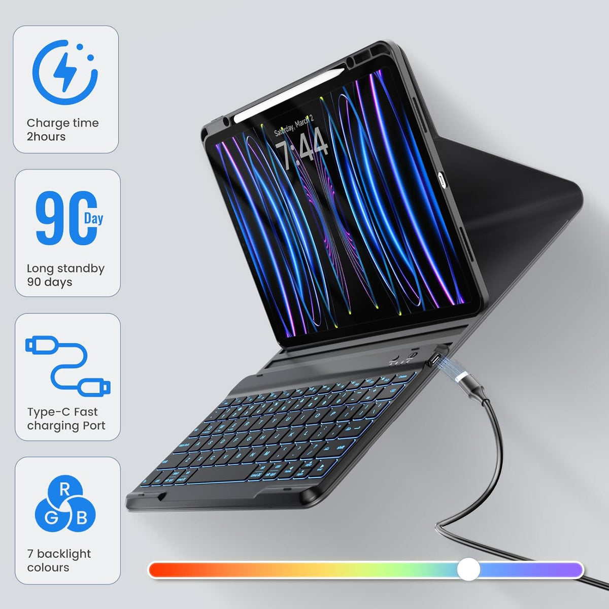 OYEEICE Keyboard Case for iPad Pro 12.9 inch 6th Gen 2022, 5th 2021, 4th 2020, Rotating Detachable Clear Cover with 7 Colorful Backlit Keyboard Wireless, Pencil Holder, Auto Wake/Sleep - Black