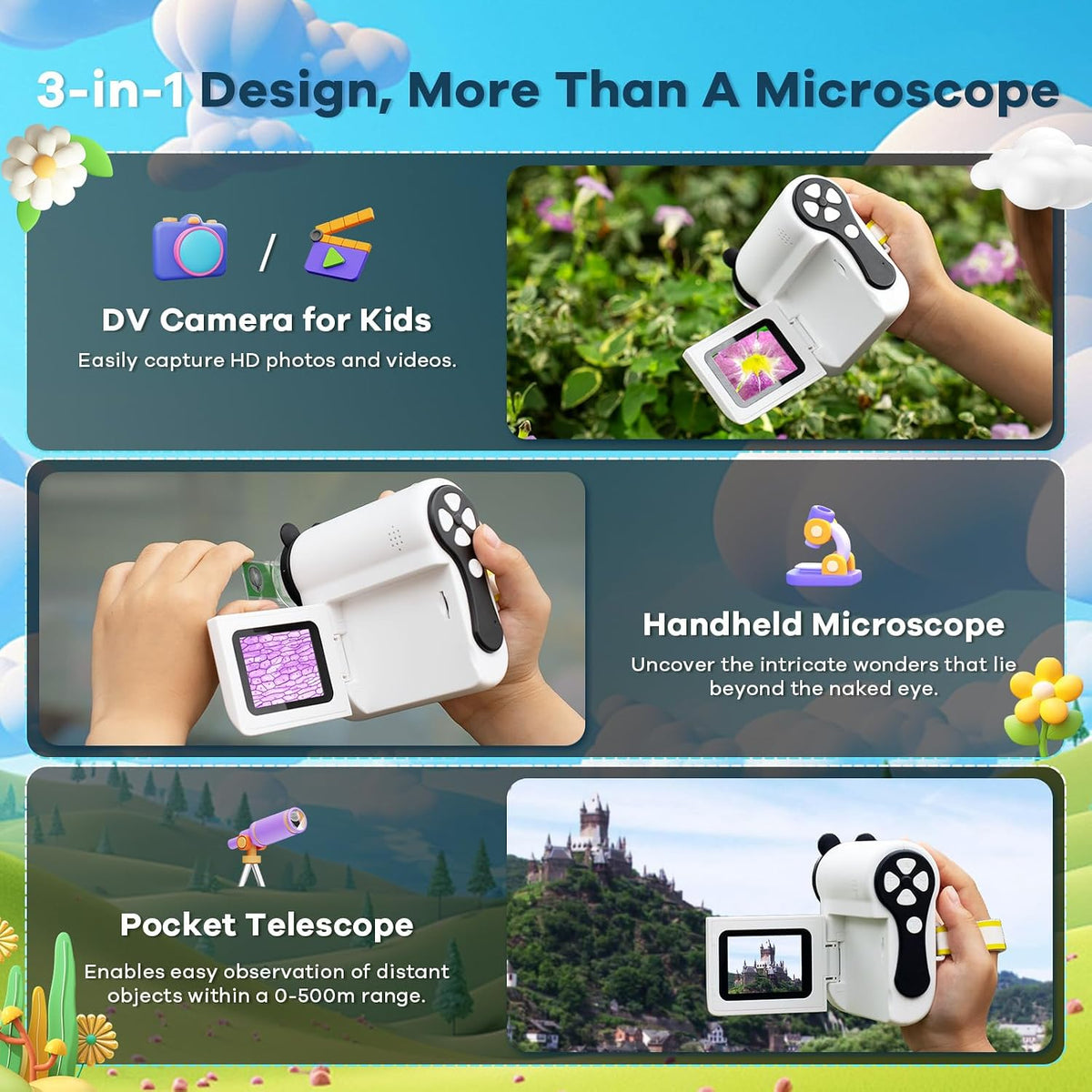 Hideal HP60 [3-in-1] 2" IPS Microscope for Kids: [Auto On & Off] Portable Handheld Microscope Miniscope, Pocket Mini
