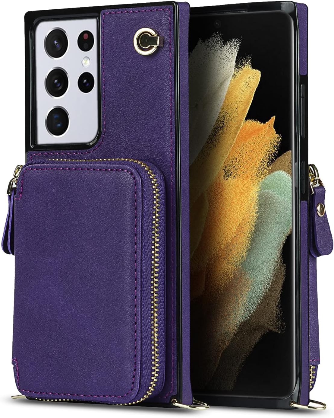 Asuwish Wallet Case for Samsung Galaxy S21 Ultra 5G - Leather, Zipper Card Holder, Tempered Glass Protector, Purple.