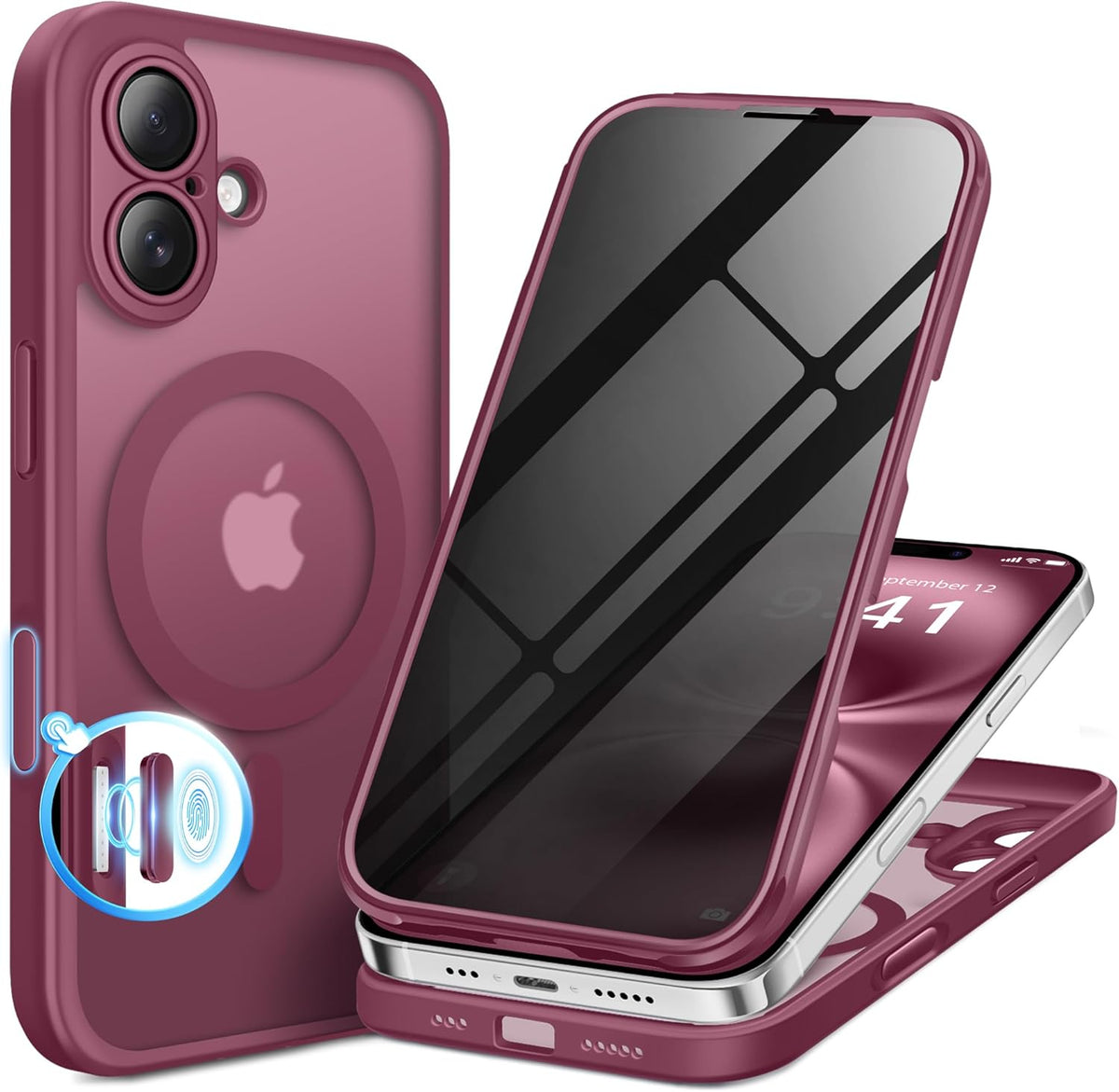 BERFY Magnetic for iPhone 16 Plus Case, Compatible with MagSafe, Built-in Privacy Screen Protector and Upgraded Camera Protection, Anti-Spy Full Body Shockproof Phone Case for 16 Plus 6.7", Dark Red