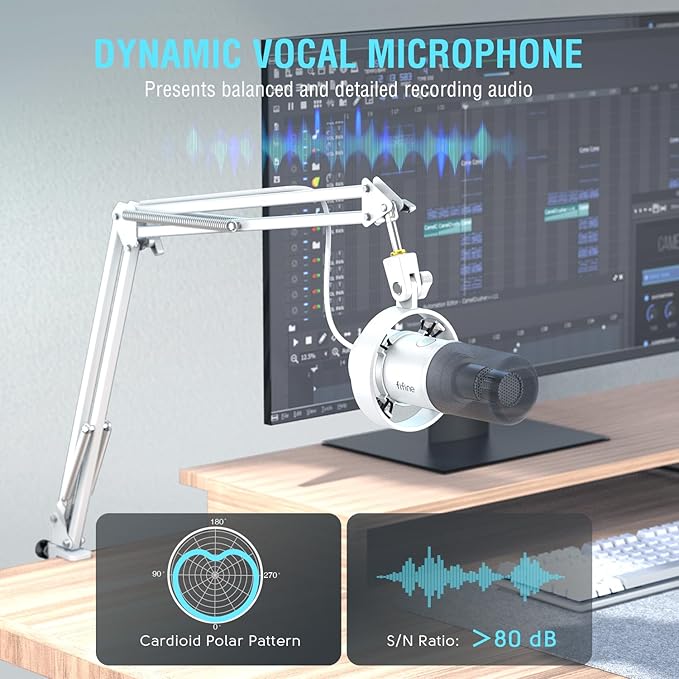 FIFINE XLR Dynamic Microphone with Boom Arm Kit for Vocal Recording Studio Podcast Mic Bundle with Metal Arm Stand Tap-to-Mute 3.5mm Headphone Jack for Streaming Music Creation (K688W+CS1W)