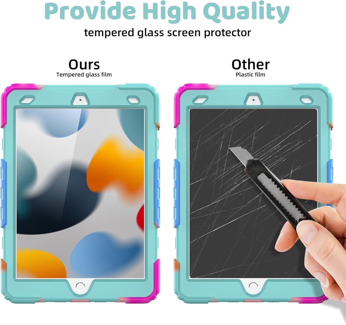 BLOSOMEET iPad Case for 9th Gen 10.2 inch 2021/2020 for Kids with Tempered Glass Screen Protector | iPad 8th/7th Generation Case Cover 2019 w/Stand Pen Holder & Hand Shoulder Strap |Turquoise