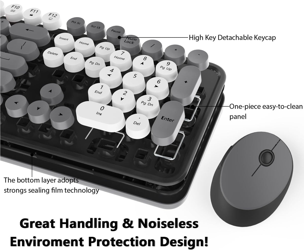 Wireless Keyboard Mouse Combo, 104 Keys Cute Wireless Keyboard with Number Pad for Windows, Grey