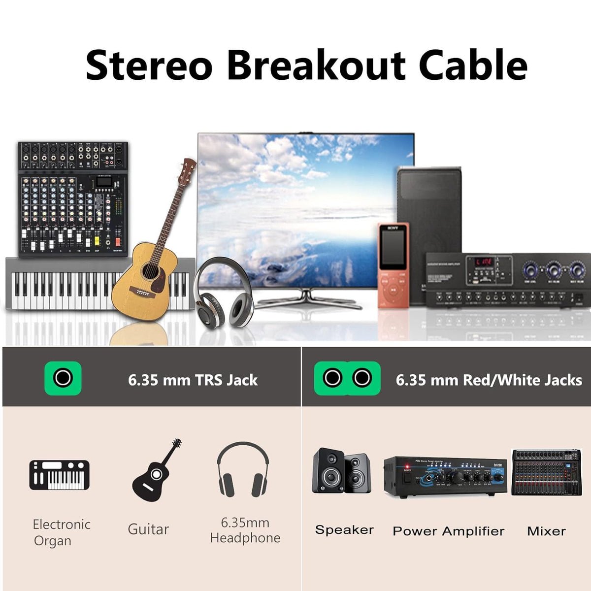 Devinal TRS to Dual TS Breakout Cable - 1/4" Female Stereo to Dual 6.35mm TS Male Adapter & 6.35mm Female to 2 x 1/4" Mono Y Splitter - 1 ft