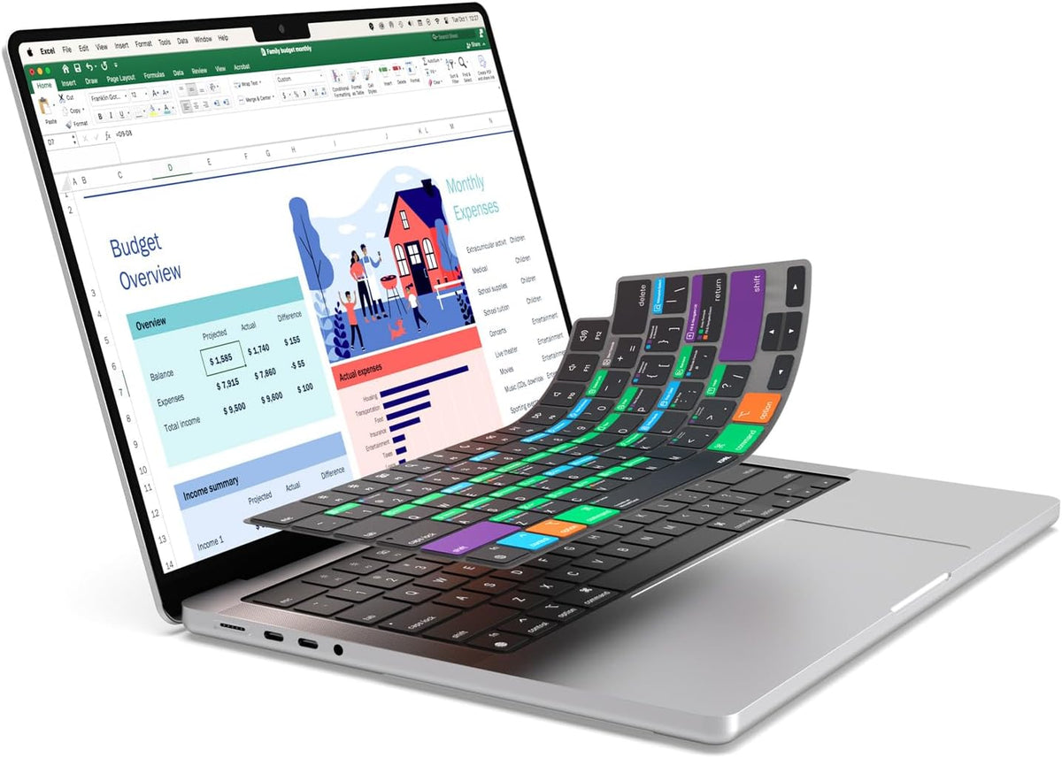 JCPal Microsoft Excel Shortcut Guide Keyboard Cover for Apple MacBook Pro 14 inch and MacBook Pro 16 inch (M1-M4 Models) and MacBook Air 13 inch and MacBook Air 15 inch (M2-M4 Models) (US-Layout)