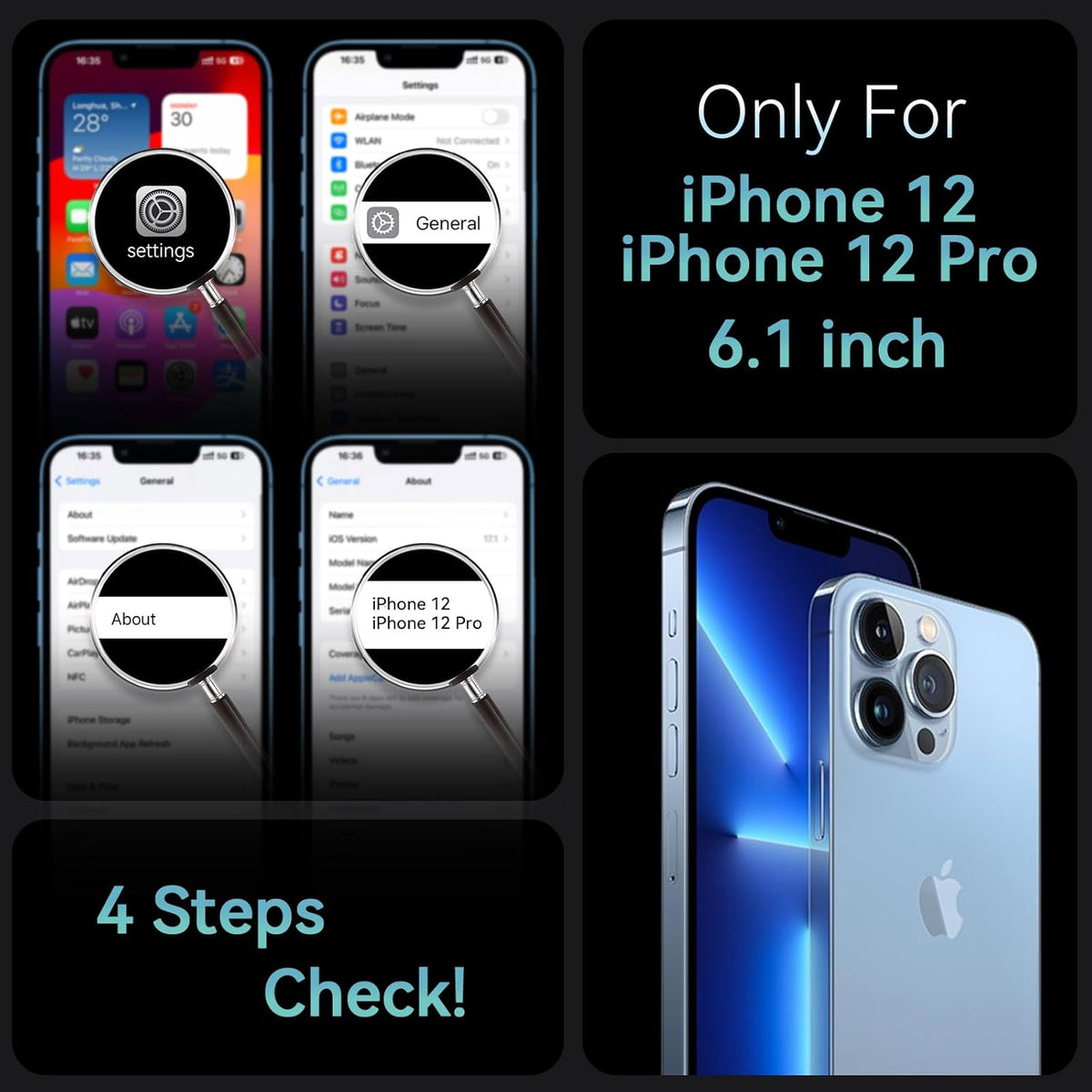 Fin2feel Shockproof Magnetic Case for iPhone 12/12 Pro with Screen Protector, MagSafe Compatible, Light Blue.
