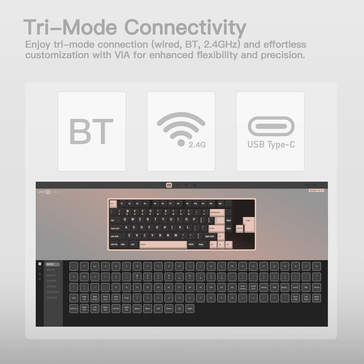 KEEBMONKEY WOBKEY Rainy 75 CNC Aluminum HMX/JWK/Cocoa Switches Triple-Mode Connectivity Mechanical Keyboard with Superior Acoustics, RGB/FR4/Silver SUS304/7000mAh/Cocoa Switch (Pro - Silver)