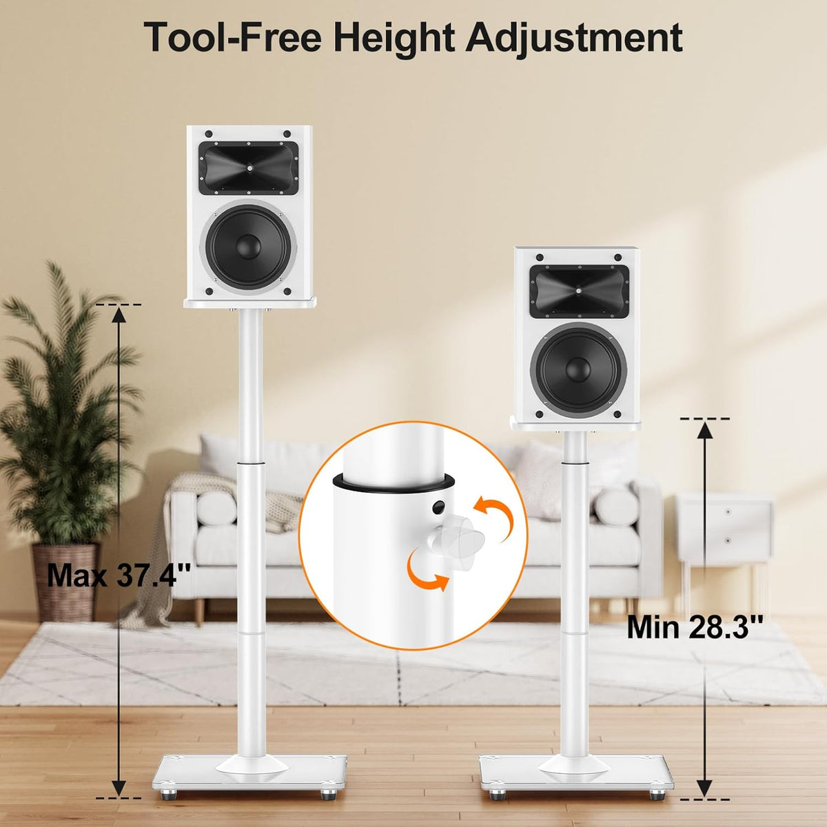 ELIVED Universal Speaker Stands Height Adjustable 28"-37.4", Bookshelf Speaker Stand Pair for Satellite Studio Large Speakers Up to 22 lbs, Surround Sound Speaker Stand with Cable Management, White