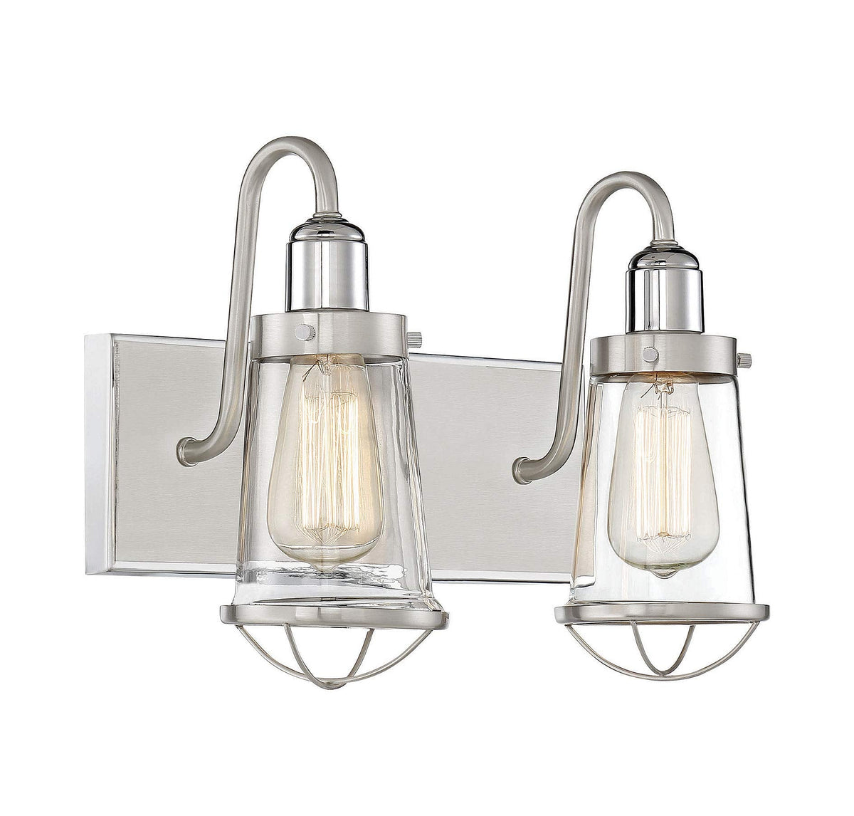 Savoy House 8-1780-2-111 Lansing Industrial Nautical Clear Glass Bathroom Vanity Wall Light, 2-Light 120 Total Watts, 10" H x 14" W, Satin Nickel