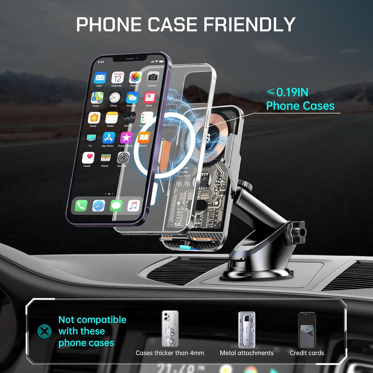 Wireless Car Charger with 15W Fast Charging, Smart Auto Sensor Clamping Phone Mount for iPhone 15 14 13 12 11 Pro Max,