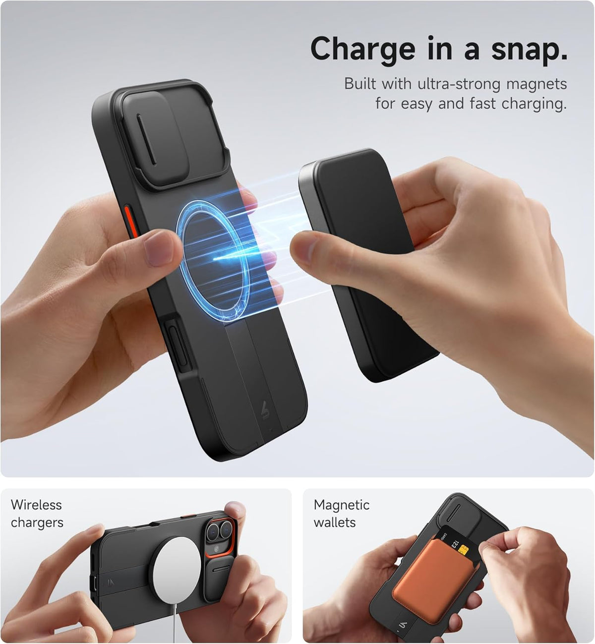 SURITCH for iPhone 16 Plus Case with Magnetic Camera Slide Cover and Adjustable Kickstand, Compatible with MagSafe, Shockproof Bumper Case Slim Protective Cover for iPhone 16 Plus 6.7 Inch, Black