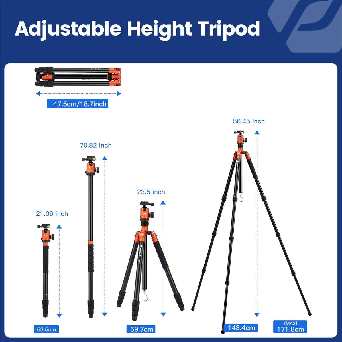 Fotopro 68" Camera Tripod for DSLR, Heavy Duty Compact Travel Tripod with Ball Head, Detachable Monopod with Quick Release Plate and Bag, Load up to 12KG/26.5lbs(Orange)