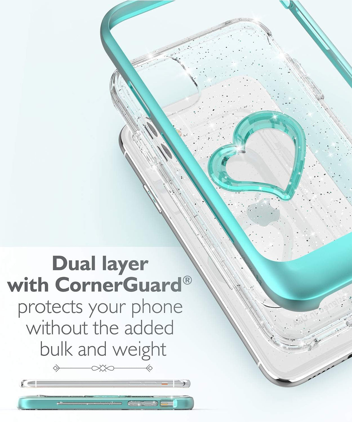 VENA vLove Teal Glitter Clear Case, Compatible with Apple iPhone 11 (6.1"-inch 2019), Heart Shape Dual Layer
