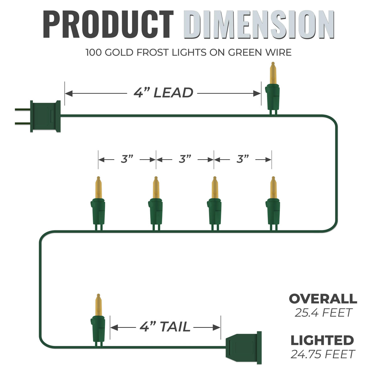 612 Vermont 100 LED Gold Frost Christmas Lights on a Green Wire String, UL Approved, Indoor and Outdoor Use, 24.75 Foot of Lighted Length, 25.4 Foot
