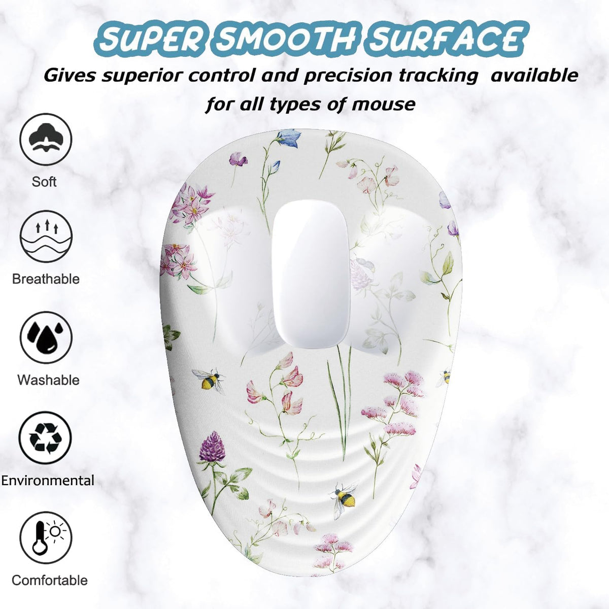 Floral Ergonomic Mouse Pad Wrist Support, Pretty Flowers Mouse Pad with Wrist Rest, Foam Massage Design & Non-Slip PU Base MousePads for Pain Relief, Desk, Office, Home