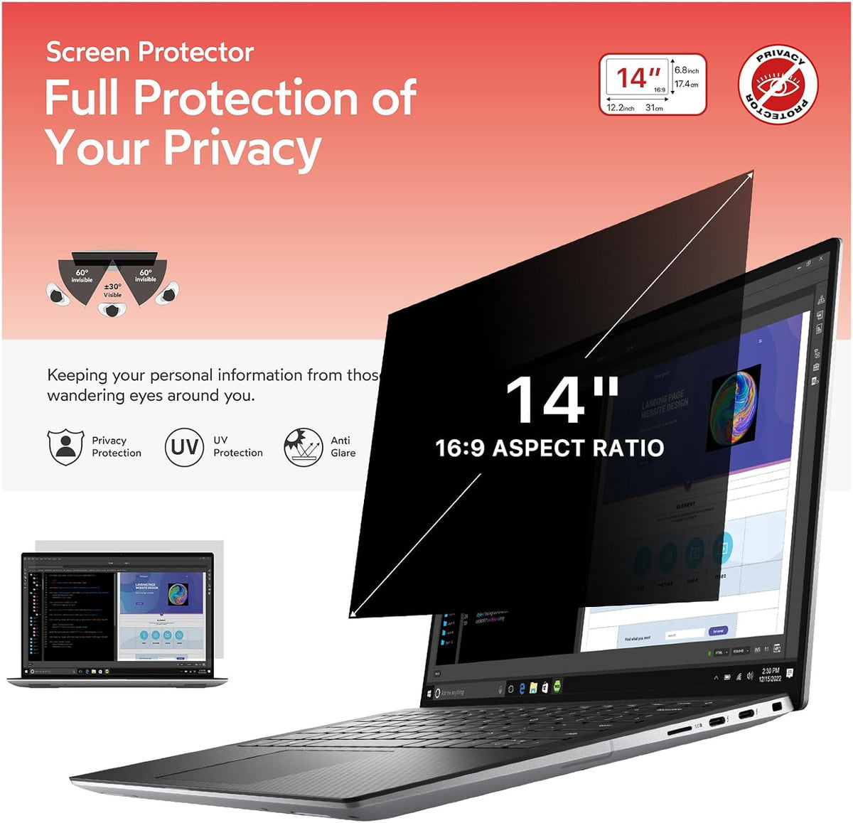 BERSEM 14 inch Removable Laptop Privacy Screen Filter for 16:9 Ratio Monitor, Anti-Spy, Anti-Glare, Anti-Scratch, UV-Blocking