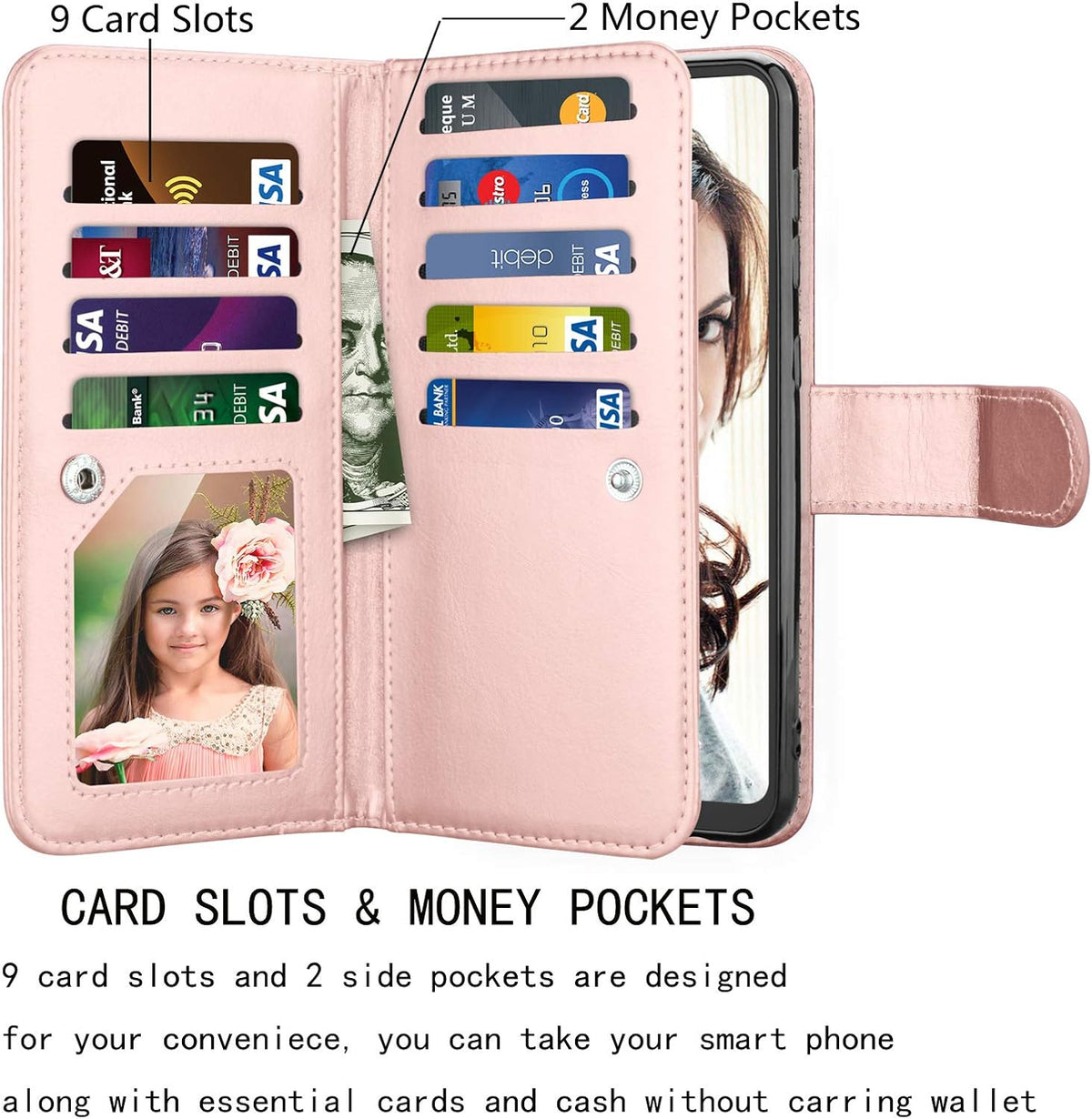 Njjex Wallet Case for Samsung Galaxy A21, 2020, Rose Gold, PU Leather with 9 Card Slots, Detachable Kickstand & Lanyard