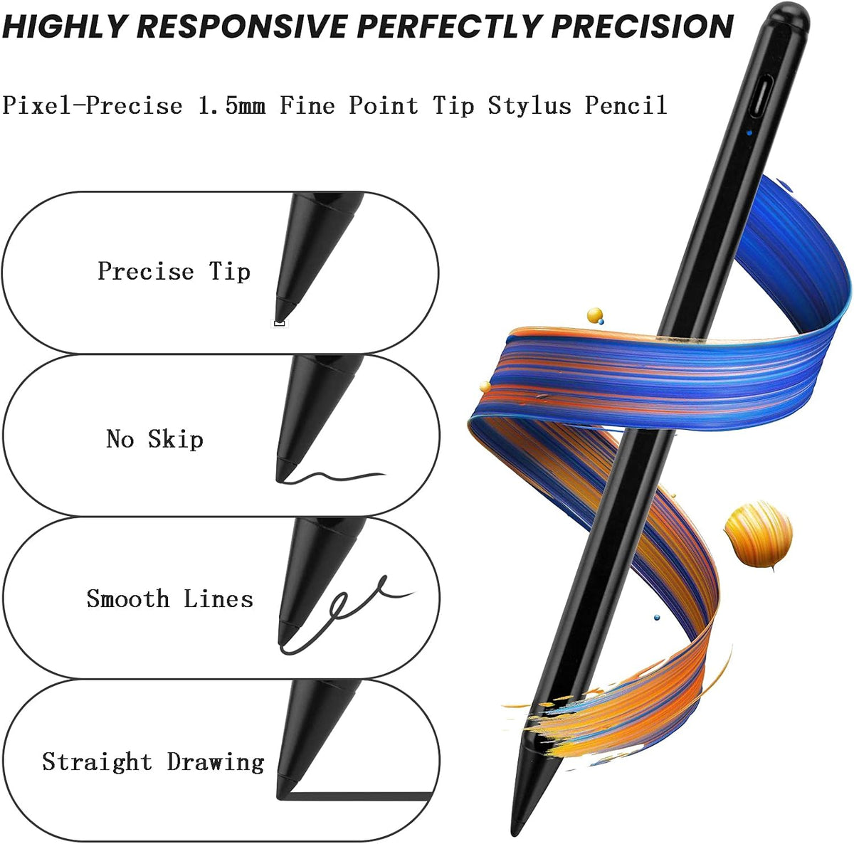 Stylus Pencil for iPad Mini 6th/5th Generation, Palm Rejection, 1.5mm Fine Tip, Compatible with Apple Pencil 2, Black