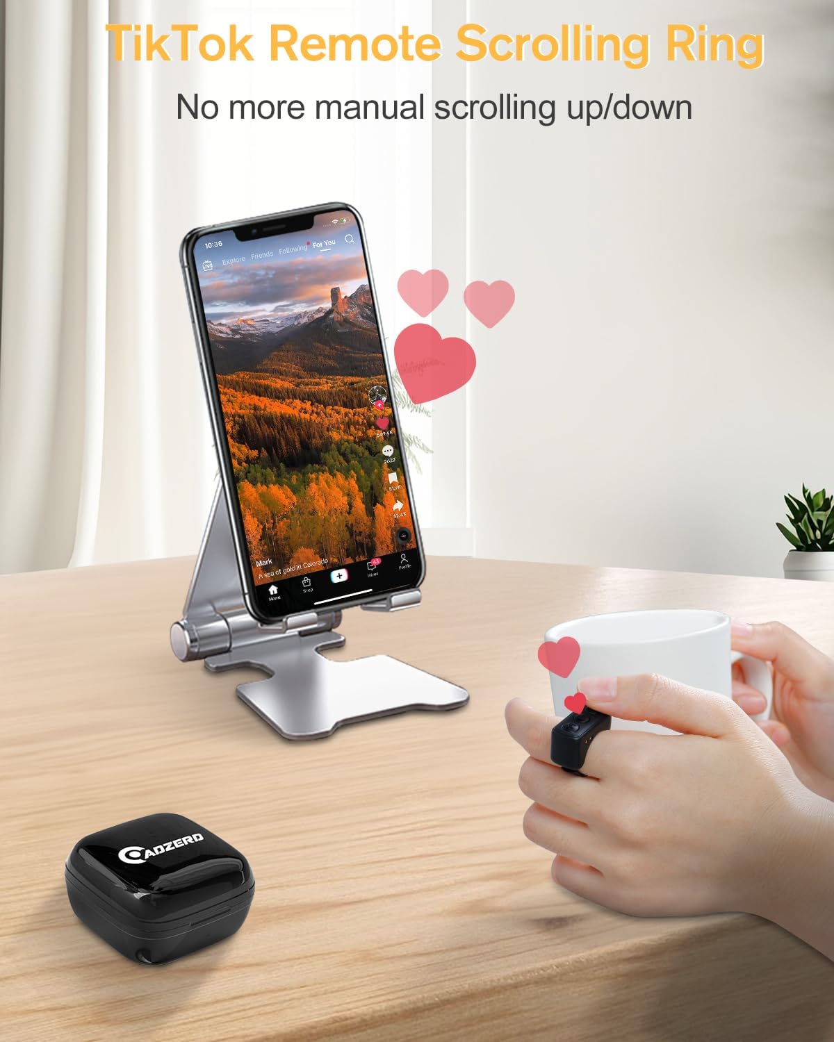 ADZERD Remote Control for TikTok, Page Turner for iPad iPhone, Bluetooth Camera Video Recording Remote, Scrolling Ring for TIK Tok, iPhone, iPad, iOS, Android - Black