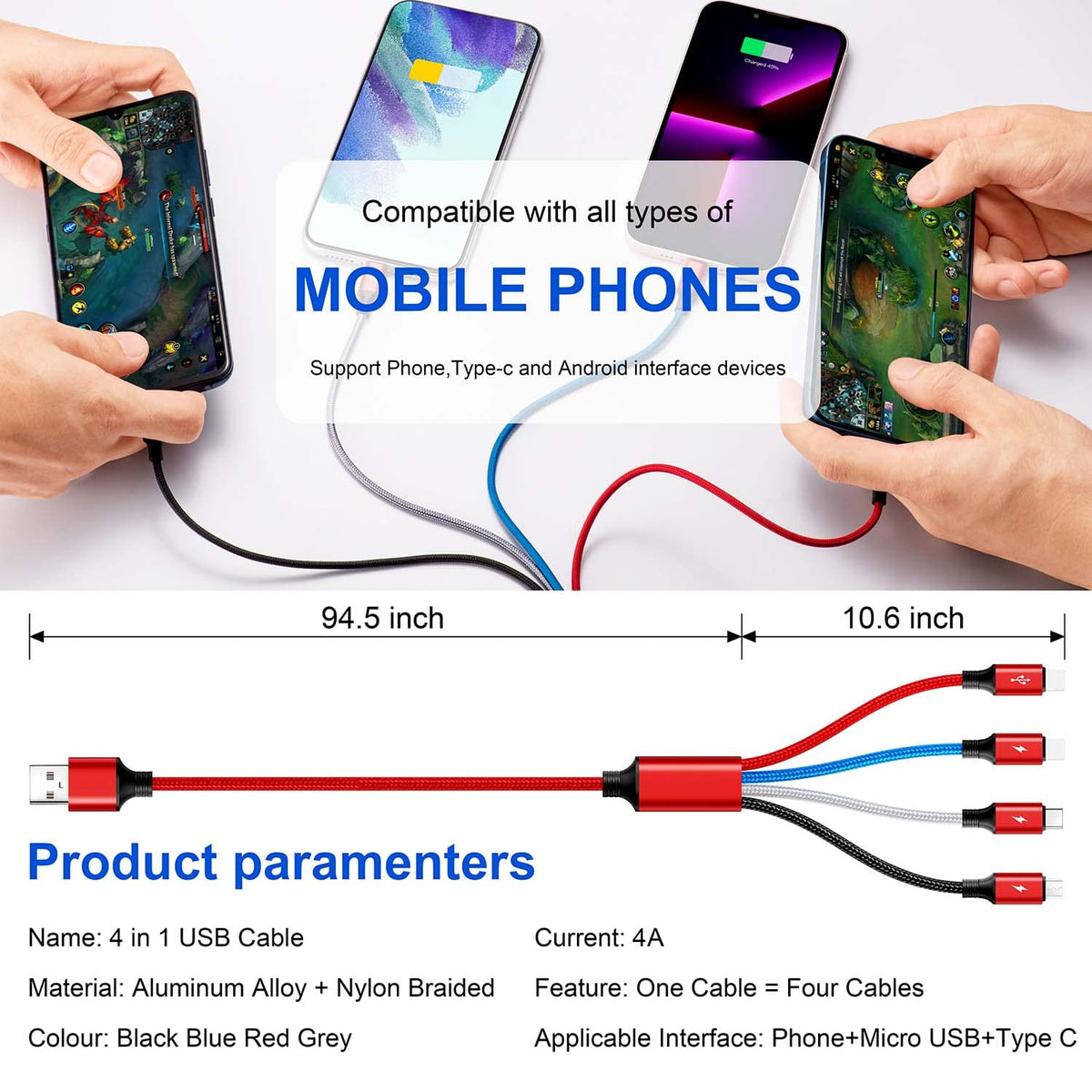10Ft 2Pack Multi Charging Cable - Braided 4 in 1 USB Adapter for Cell Phones/Tablets, Compatible with IP/Type C/Micro