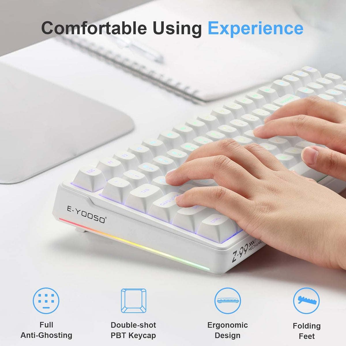 HUO JI E-Yooso Creamy Mechanical Keyboard Wired, Hot Swappable, Pre-lubed Linear Switches, Gasket Structure with Sound Dampening Foam, RGB Backlit, 99 Keys Custom Gaming Keyboard for PC/Mac,White